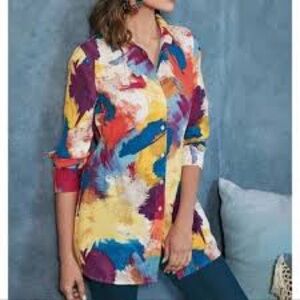 Soft Surroundings Painters Pallet Button Front Tunic Blouse Long Sleeve Small